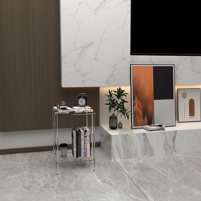 Clear Acrylic End Table, 2-Tier Modern Side Table for Living Room, Bedroom, Office or Showroom, Small Coffee Table & Bedside Nightstand, Decorative Accent Table for Home Decor