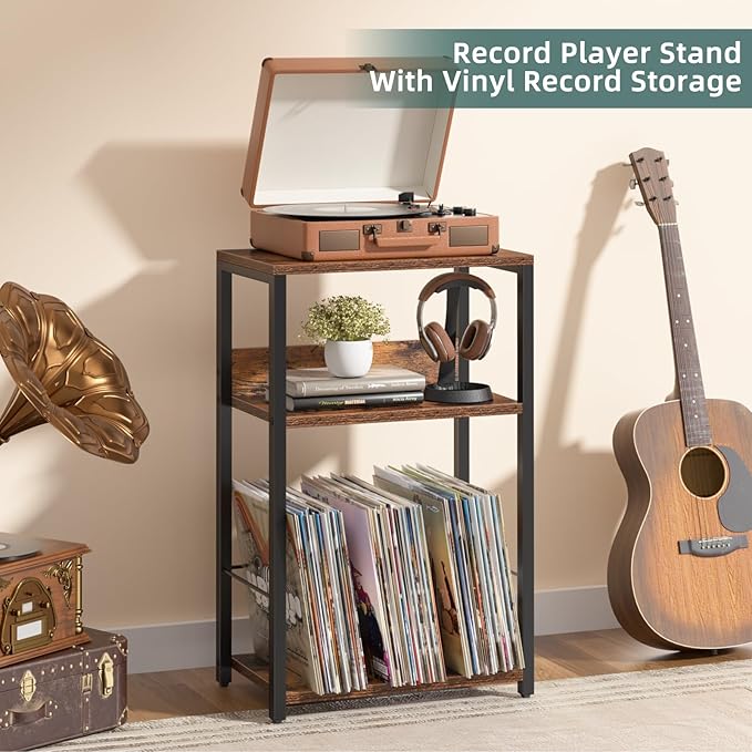 LELELINKY Record Player Stand, 3-Tier End Side Table with Vinyl Record Storage, Vinyl Record Holder Up to 120 Albums, Turntable Stand with Vinyls Storage for Music Living Room