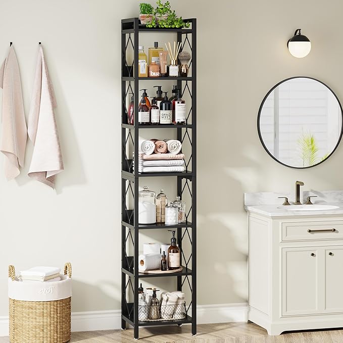 Tribesigns 78.7 Inch Extra Tall Narrow Bookshelf, 7 Tier Skinny Bookcase for Small Spaces, Freestanding Display Shelves, Multifunctional Corner Storage Organizer for Home Office, Black