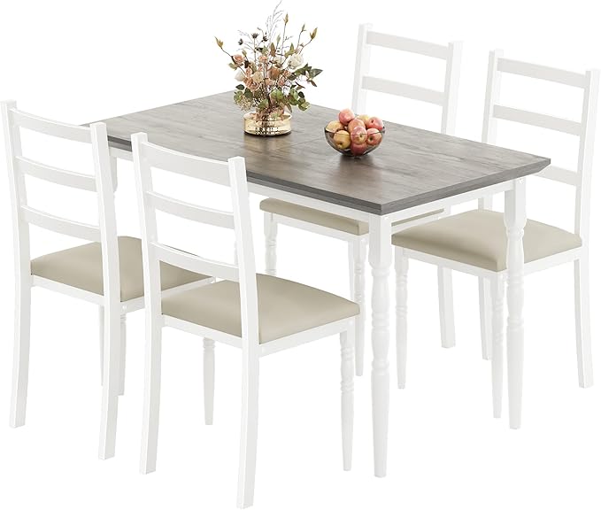 DWVO 5-Piece Dining Table Set for 4, Kitchen Dining Room Table with Upholstered Chairs, Faux Leather Cushions, Modern Rectangular Dinner Table Set for Small Spaces & Apartment, White Grey
