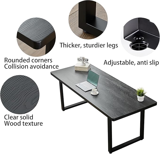 Modern Solid Wood Dining Table with Metal Base Stylish Durable Dining Room Table in Black Multiple Sizes Home Use Office Desk(62.99in)