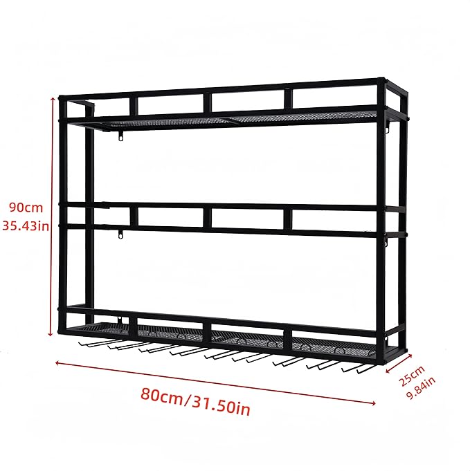 Metal Wine Rack Wall Mounted, Bar Shelves for Liquor Bottles with LED Light, 3 Tier Large Capacity Liquor Rack Wall Mounted with Glass Holder for Home Bar & Dining Room （Black, 31in/80cm）