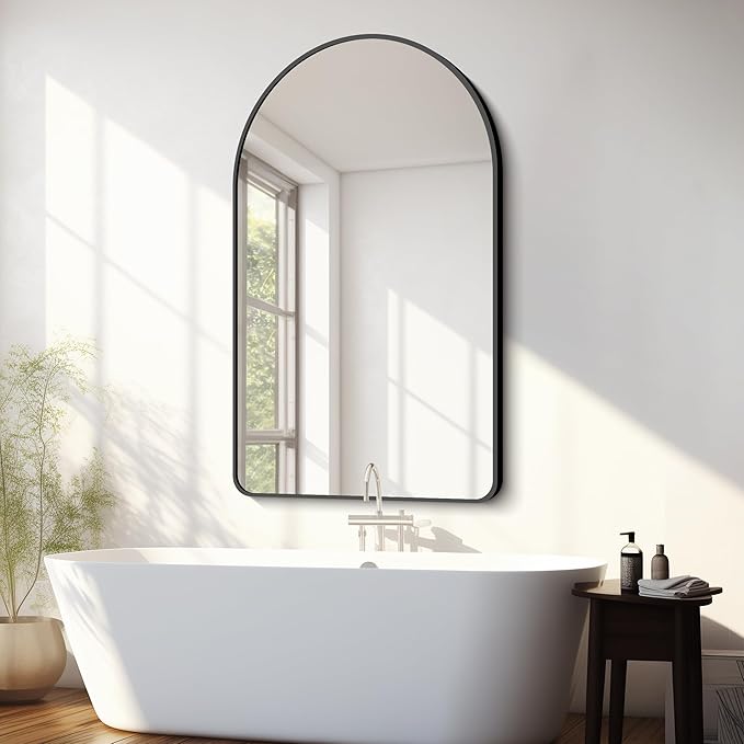 FORBATH Arched Mirror 30x50 Inch, Black Bathroom Mirror Wall Mounted Modern Black Aluminum Alloy Frame Decor Large Dresser Mirror for Bedroom Living Room Entryway, Hanging or Leaning Against Wall