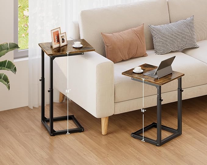 Vagusicc C Shaped End Table, 33" Tall Couch Table Adjustable Height Side Table, Sofa Table That Slide Under, C Table End Table TV Tray Coffee Arm Table for Living Room, Bedroom, Small Spaces, Brown