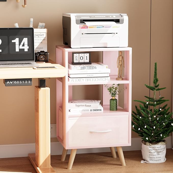 Night Stand, Pink Kids Nightstand with Drawer, Nursery Side Table with Open Storage, 3-Tier Modern End Table, Bedside Table for Small Space, Living Room, Bedroom