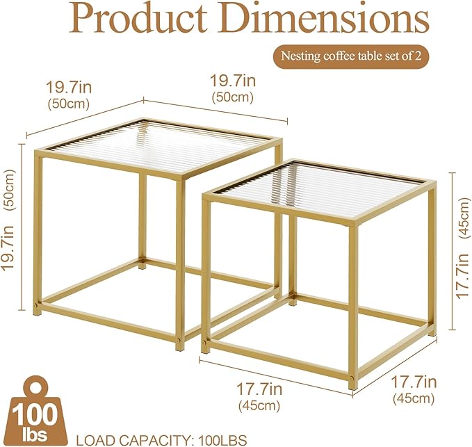 Garden 4 you Coffee Table Set of 2, Modern Patterned Glass Nesting Table, Metal Frame Square Center Table Set, Side Tables, Nesting Coffee Table for Living Room, Bedroom and Small Spaces, 19.7in Gold