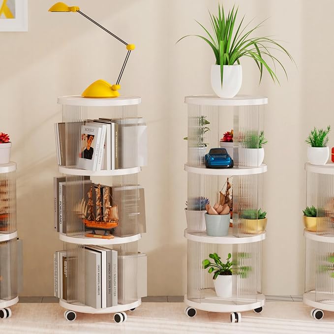 Rotating Bookshelf, 360°Display Spinning Rolling Bookshelf Tower, 3 Tiers Moveable White Small Mobile Corner Bookcase Suitable for Bedrooms, Living Looms, Offices, and Study Rooms