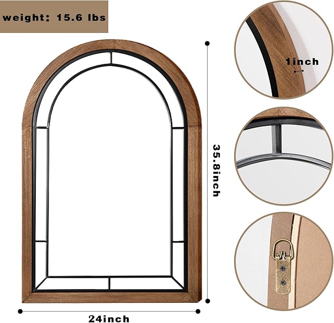 blue page Arched Mirror, Farmhouse Wall Decor Accent, Rustic Wood Framed Mirror Like Window for Bathroom Vanity, Bedroom, Entryway, and Living Room