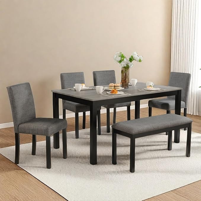 Dining Table Set for 5, 6-Piece Kitchen Table & Chairs Set with Rectangular Table, Bench & 4 Upholstered Chairs, 39'' Dinner Set with Wood Legs & Curved Backrest for Kitchen, Light Black
