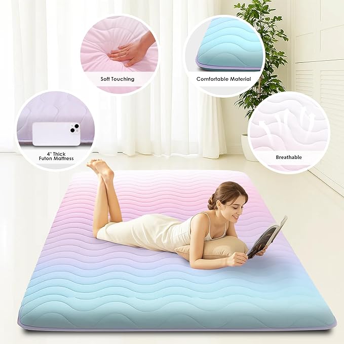 Japanese Floor Futon Mattress, 3.5" Thicken Colorful Rainbow Portable Floor Mattress, High-Density Foam Tatami Mat Sleeping Pad for Camping Guest Room Dormitory RV, Twin