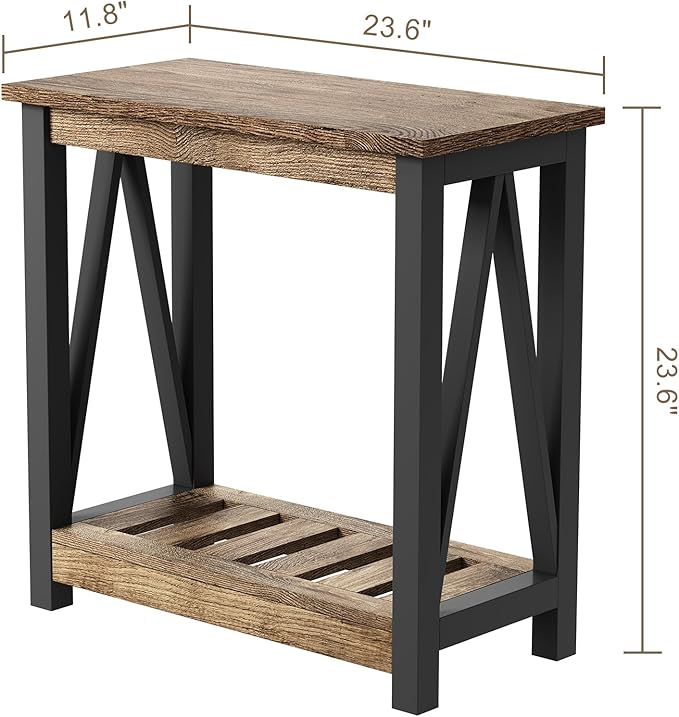 ChooChoo Farmhouse End Table Set of 2, Rustic Vintage Narrow End Side Table with Storage Shelf for Small Spaces for Living Room, Bedroom Rustic Oak & Black