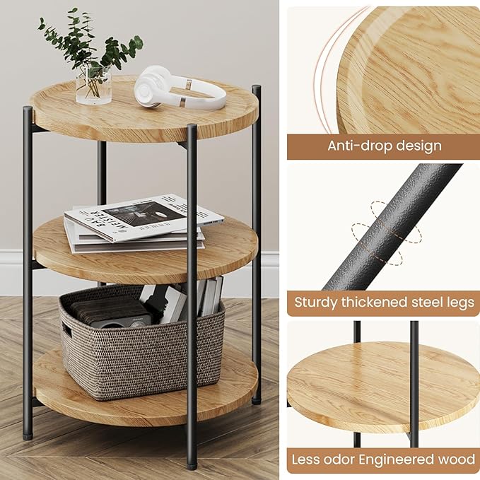 Small Side Table, 3-Tier Side Tables Living Room, Modern End Table Nightstand Bedside Table for Living Room, Bedroom, or Small Spaces-Natural Wood Color