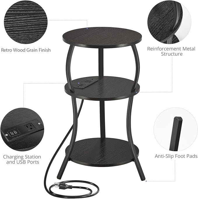 Small Round Side Table with Charging Station, 3-Tier Waist Circular End Table with Storage Shelf, Compact Tea Sofa Side Table Small Spaces, Round Corner Coffee Table for Living Room Bedroon,Black