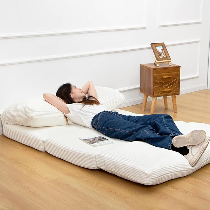 N&V Folding Matress Sofa Bean Bag Bed, Foam Filling Folding Matress Sofa, Includes Removable and Machine Washable Cover, Soft Premium Corduroy (Medium, Ivory)