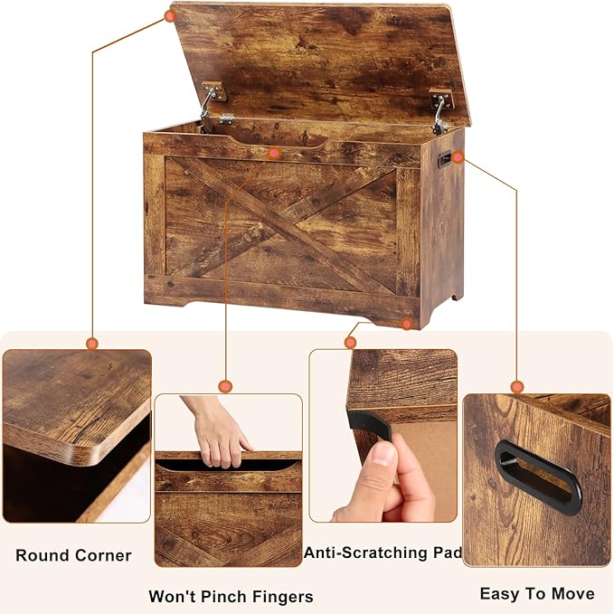 Storage Chest, Wooden Storage Bench, Entryway Shoes Bench with 2 Safety Hinges, Retro Storage Trunk for Living Room, Bedroom, 15.7 x 31.5 x 18.9 Inches, Rustic Brown