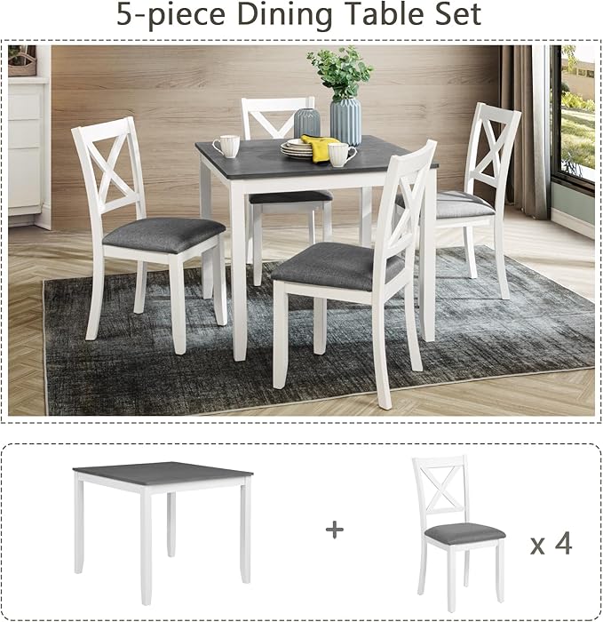 Ball & Cast 5 Piece Dining Table Set with 4 X-Back Chairs,Wooden Living Room Furniture W/ 34.5" Square Kitchen Desk,Easy Assemble & Clean,for Small Space,Apartment,Dining Room,White+Gray