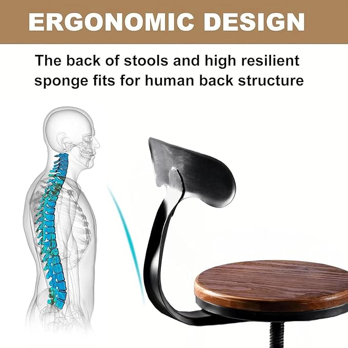 Topower Farmhouse Kitchen Stool, Industrial Counter Stool, Kitchen Deco Round Seat Standard Height Adjustable Swivel Bar Stools with Backrest Indoor House Design Iron Backrest Black Set of 2