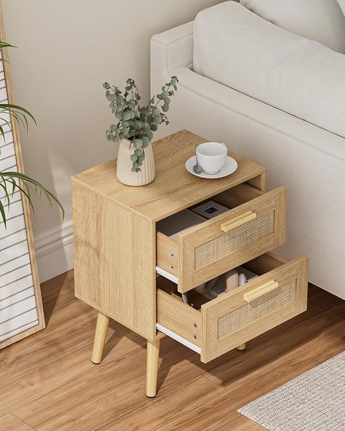 Masupu Rattan Night Stand,Modern nightstand Boho Bedside Table with 2 Drawer,Small End Side Table for Bedroom,Living Room,Office,Natural