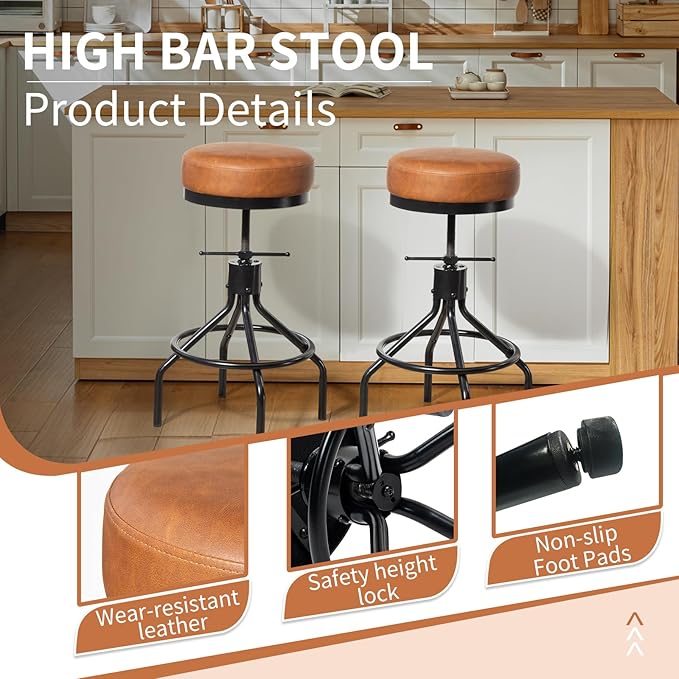 Industrial Bar Stools Set of 3 Adjustable Swivel Barstools Modern PU Leather 28inch Round Backless Counter Height Stool Metal Bar Chair for Kitchen Island (3, Brown)
