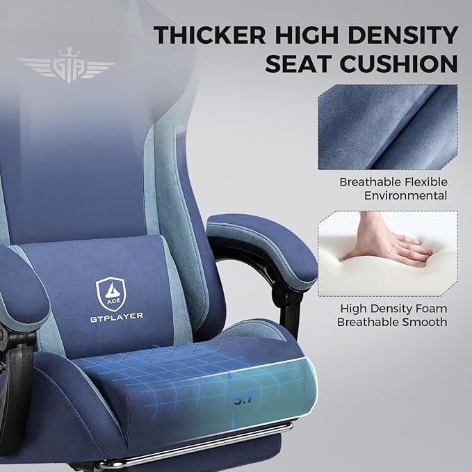 GTPLAYER Gaming Chair Fabric with Footrest, Big and Tall Game Chair High Back Computer Office Chair with Lumbar Support for Adults, Ergonomic Swivel Games Chair with Cushion Gaming Dark Blue