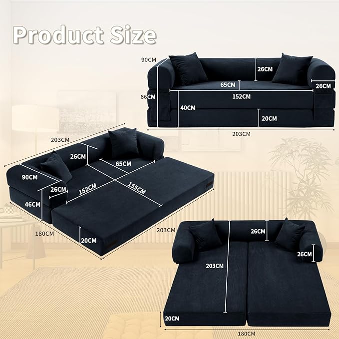 80" Convertible Sofa Bed, Corduroy Deep Seat Folding Pull Out Couch with Pillows, No Assembly Modern Boneless Couch Compression Sofa in Box, Floor Sofa with Storage Pocket for Living Room,Navy Blue