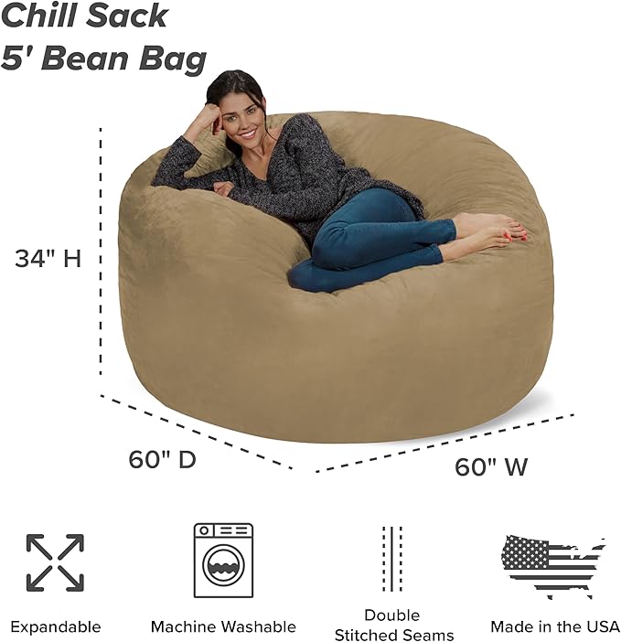 Chill Sack Bean Bag Chair: Giant 5' Memory Foam Furniture Bean Bag - Big Sofa with Soft Micro Fiber Cover - Camel