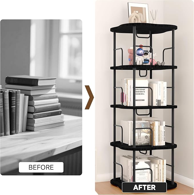 4-Tier Rotating Book Shelf, 360° Display Spinning Bookshelf Tower, Book Organizer, Floor Standing Bookcases for Small Space, Corner Book Shelf for Bedroom, Living Room, Study Room (Black)