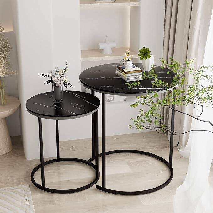 Black Marble Nesting Coffee Table for Small Place 24 in 2 Sets High Side End Sofa Table Nightstand Modern Furniture Living Room Cabin Bed Room Dining RoomGarden 4 You (Black Marble)
