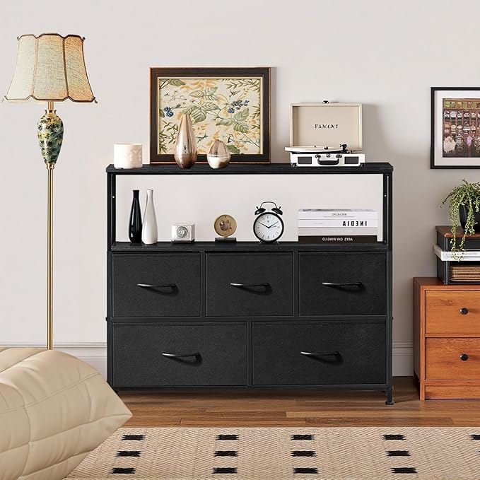 TV Stand, 5 Fabric Drawers Dresser Entertainment Center for TV up to 45 inch Wooden Media Console Table Storage Organizer with Open Shelf, for Living Room, Bedroom, or Small Space, Black