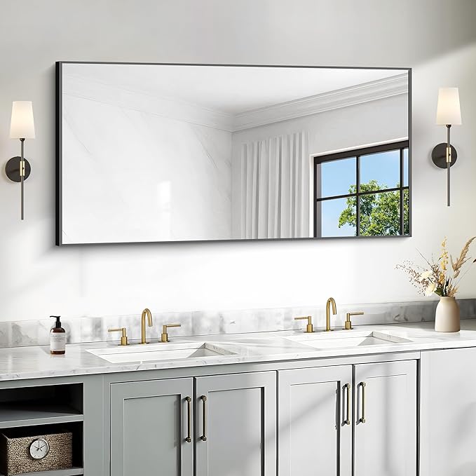 24x48 Inch Large Black Mirror for Bathroom, Black Framed Bathroom Mirror, Bathroom Mirror for Wall Over Sink, Rectangle Wall Mirror for Living Room, Bedroom, Bathroom, Hangs Horizontally or Vertically