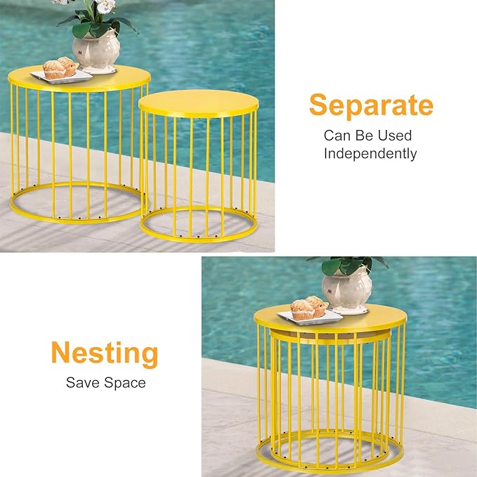 LEWIS&WAYNE Outdoor Side Table Set of 2, Metal Circle Accent End Tables for Balcony Backyard Garden Indoor Living Room, Durable Nesting Coffee Tables, 20”+16” Dia, Yellow