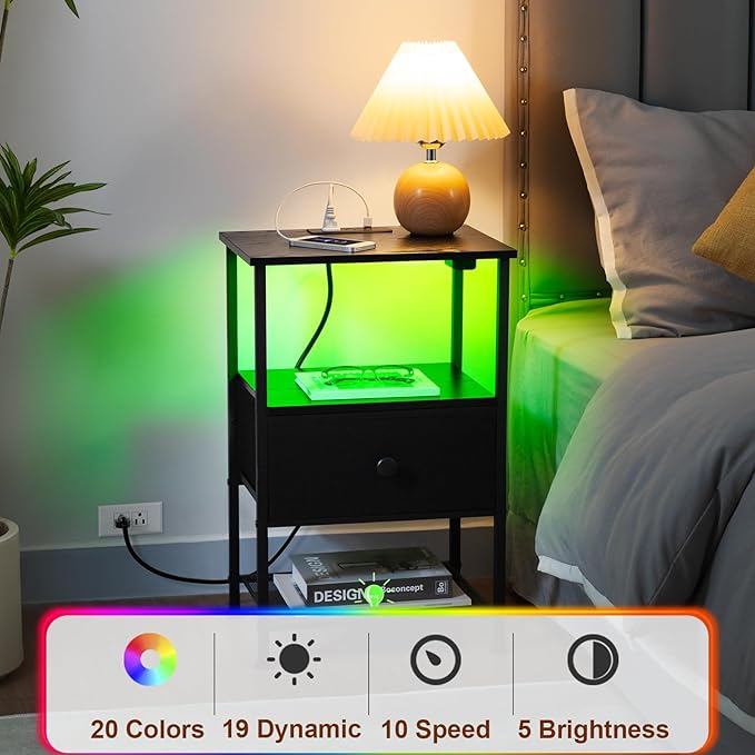 Night Stand Set 2, LED Nightstand with Charging Station, End Tables Living Room with Fabric Drawer, Small Side Tables for Bedroom, Small Space, Black, HETS01BK