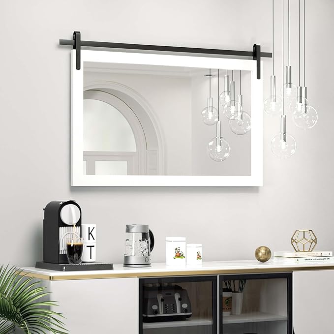 PAIHOME Large White Bathroom Mirror, Farmhouse Horizontal Rustic Square Mirror for Wall Wood Framed Vanity Mirrors, Barn Door Style Decor Living Room Entryway Bedroom Mirrors, 40x26INCH