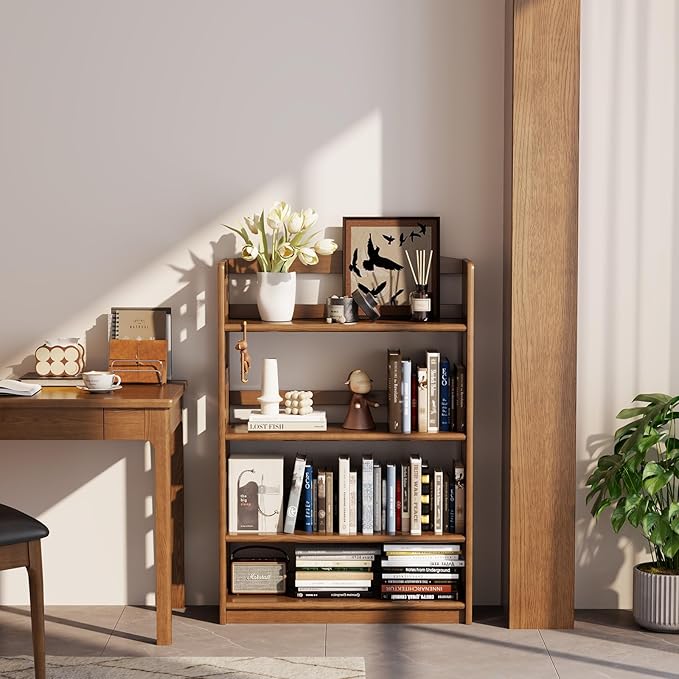4 Tier Solid Wood Open Shelf Bookcase,Modern Wooden Display Bookshelf,Farmhouse Wide Bookshelves, Freestanding Storage Cabinet for Study Room Office Living Room sunroom