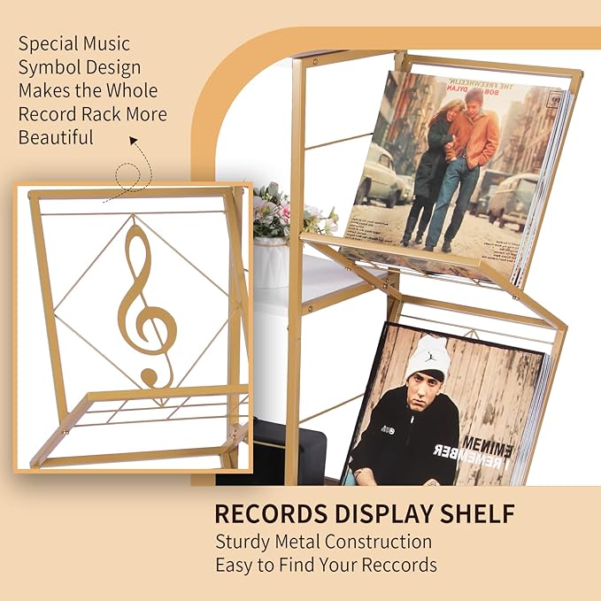Record Player Stand with Vinyl Record Storage, Turntable Stand with 2-Tier Vinyl Display Shelf & Metal Frame, Vinyl Holder for Living Room, Gold & White