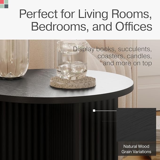 Fluted Round Side Table - 16-in Round Top, Blackened Oak & Solid Wood X-Base - End Table for Living Room & Nightstand - Pedestal Base