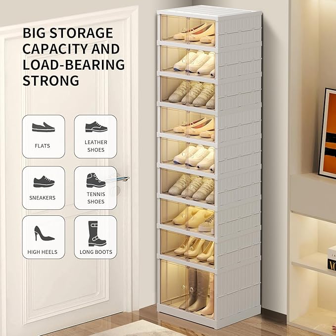 9 Tier Foldable Shoe Rack Organizer for Closet 18-36Pairs Plastic Collapsible Shoe Racks Shelf Stackable Clear Folding Shoes Storage boxes for Small Spaces Narrow Shoe Storage Cabinet
