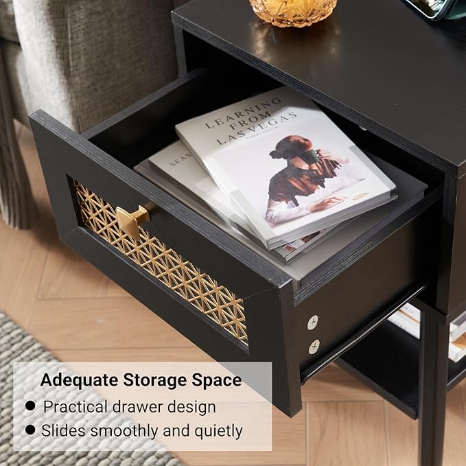 Modern Style Side Table, Small End Table with Drawer and Shelf for Living Room, Square Wooden Nightstand, Black