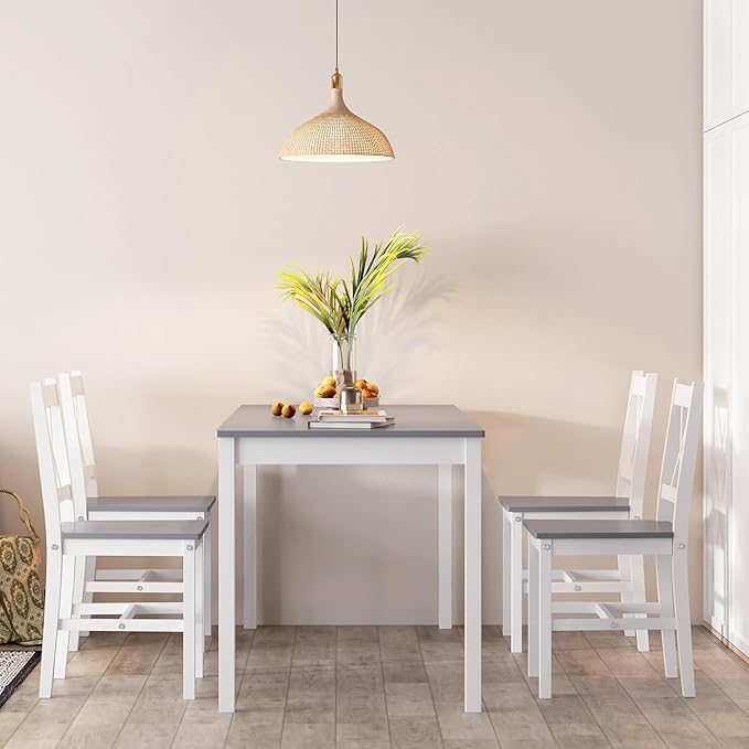 SogesPower Dining Table Set for 4, 5-Piece Wood Kitchen Dining Table Set with 4 Chairs for Kitchen Dining Room Restaurant Small Space, 47" Grey&White