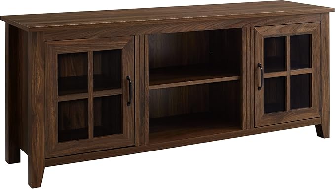 Walker Edison Dakota Modern Farmhouse 2 Glass Door Stand for TVs up to 65 Inches, 58 Inch, Dark Walnut