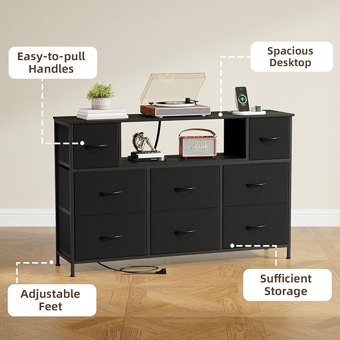 Somdot TV Stand for Bedroom, Dresser for Bedroom for 55 inch TV with Charging Station and LED Lights, Media Console Table with 8 Drawers, Open Shelf, Adjustable Feet,Living Room Furniture,Black