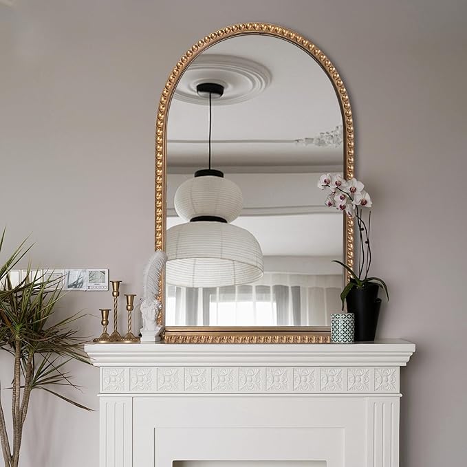 Traditional Wall Mirror Vintage Gold, 24" x 40" Tall Narrow Arch Antique Beaded Frame Decorative Accent Vanity Wall Decor, Arched Vertical Mirrors for Bathroom, Living Room, Entryway