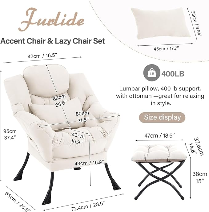 Lazy Chair with Ottoman, Comfy Fabric Accent Lounge Arm Chair with Lumbar Pillow and Folding Footrest, Reading Leisure Sofa Chair for Bedroom, Living Room, Dorm,Beige