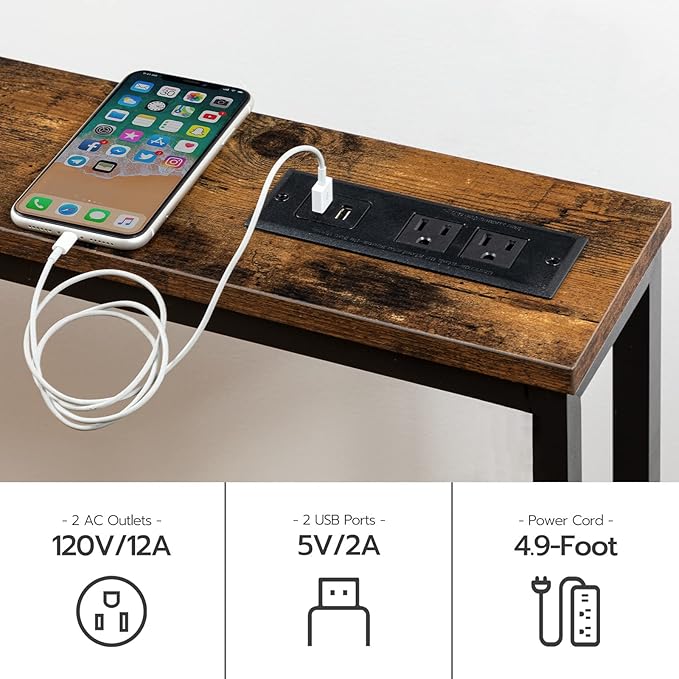 HOOBRO 47.2" Narrow Console Table with Power Outlets, 5.9" Behind Couch Table with Charging Station, Long Sofa Table, Skinny Entryway Table for Living Room, Hallway, Foyer, Rustic Brown BF15XG01G1
