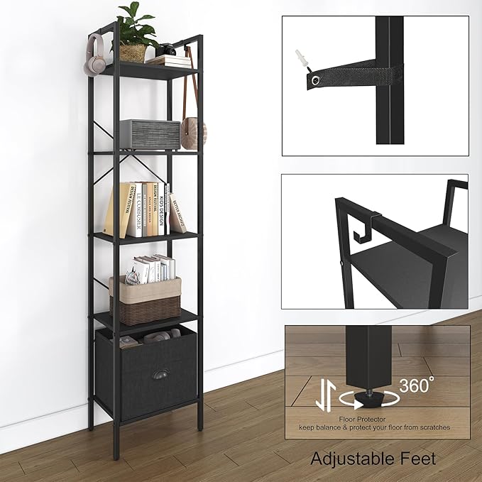 Generic 5 Tier Bookshelves,Tall Narrow Bookcases with Shelves, Bookcase Storage Organizer,Industrial Bookshelf with Drawer,Display Shelves Bookcases for Living Room, Bedroom,Kitchen and Office,Black