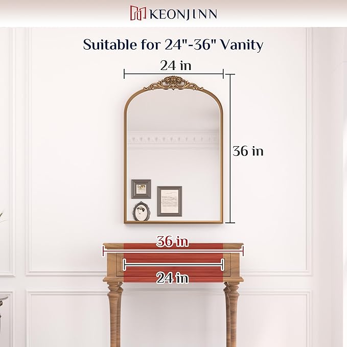 Keonjinn Vinatge Mirror 24" x 36", Black Wall Mirror Decorative, Antique Decor with Metal Frame, Baroque Arched Mirror for Mantle, Bathroom, Living Room, Hallway, Fireplace