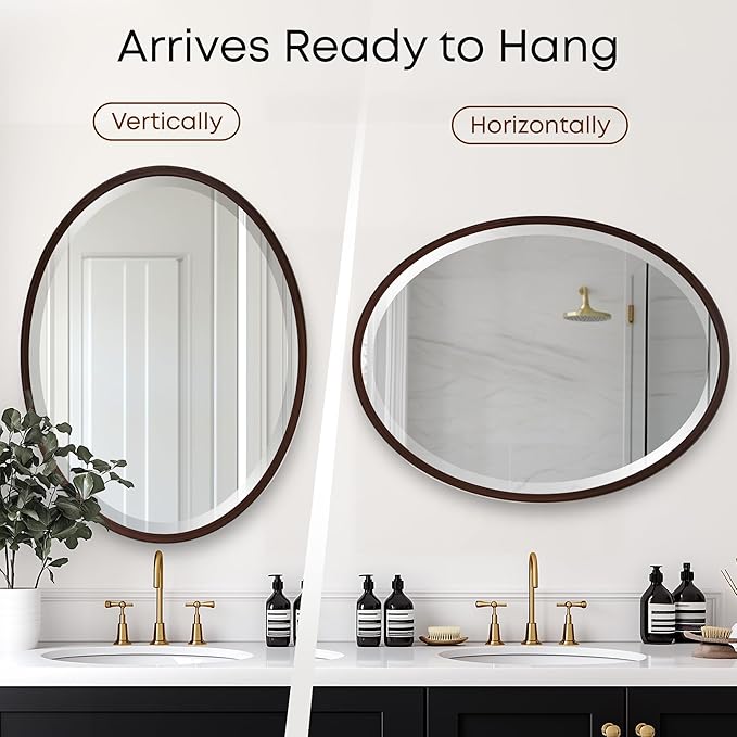 OVALCREST - Oval Wooden Beveled Wall Mirror for Home Decor, Bathroom, Vanity, Bedroom, Living Room, Hallway - London Style (Black Walnut) 23.1 x 29.1