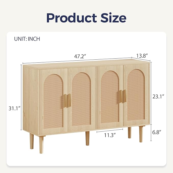 Buffet Cabinet with Storage, KitchenSideboard Cabinet with 4 Rattan Decorated Doors,Modern Accent Credenza Rattan Cabinet for Entryway,Natural