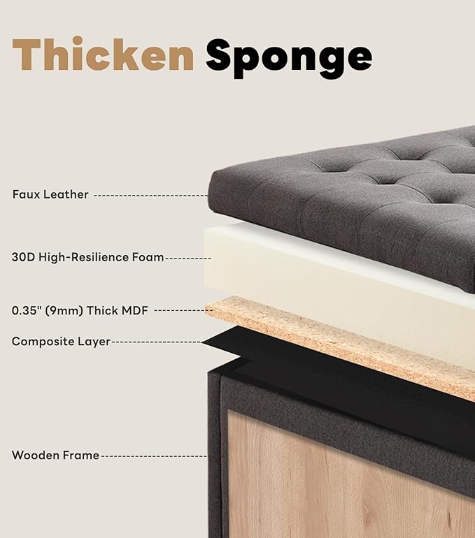 Tbfit Large Square Storage Ottoman Bench, Tufted Upholstered Coffee Table with Storage, Oversized Storage Ottomans Toy Box Footrest for Living Room, Dark Grey