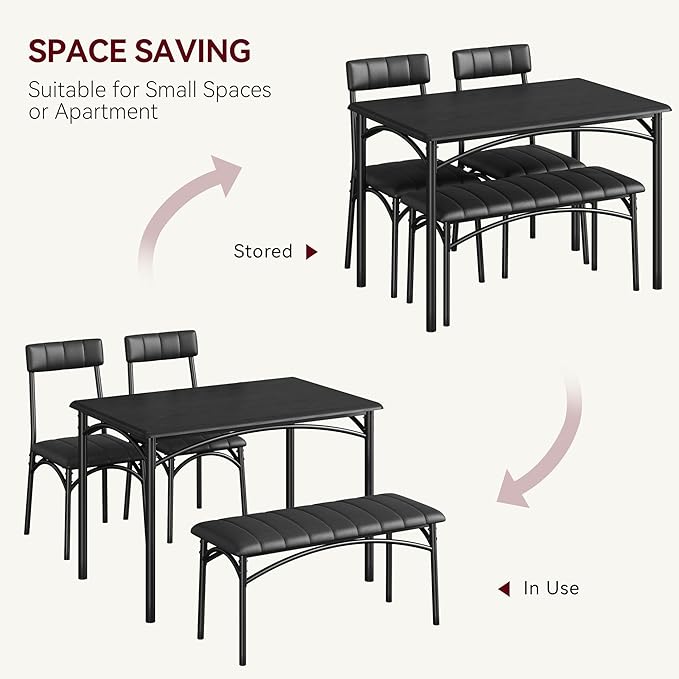 Dining Table Set for 4, Small Dining Table Set with Upholstered Bench and 2 Chairs, Kitchen Table and Chairs for 4, for Small Space, Apartment, Dinner, Rustic Black